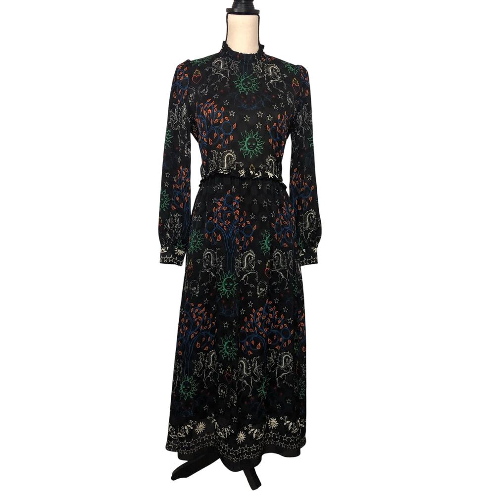 Sandro Paris Celestial Zodiac Ruffled Trim Grassette Midi Dress Black Size XS - Picture 11 of 14